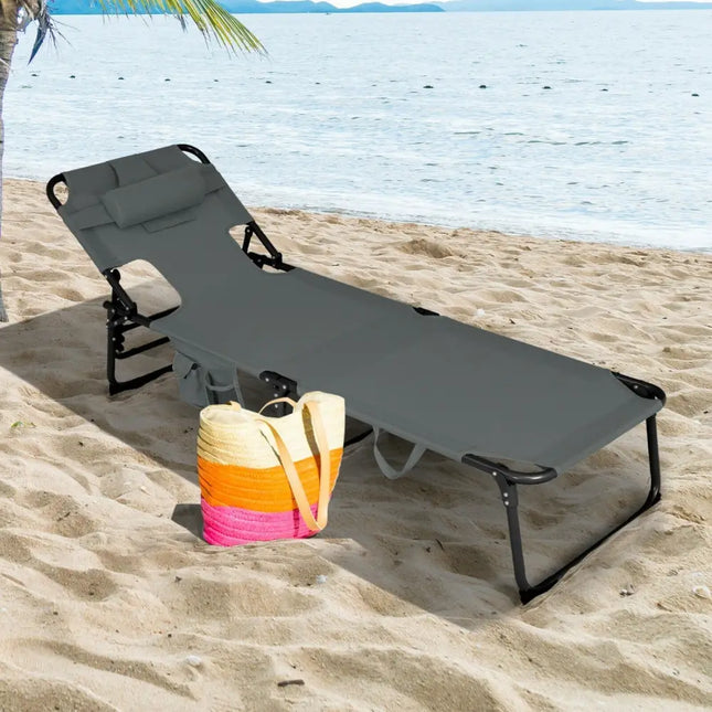 Folding Beach Lounge Chair with Pillow for Outdoor - Gray - Oasis Home Essentials