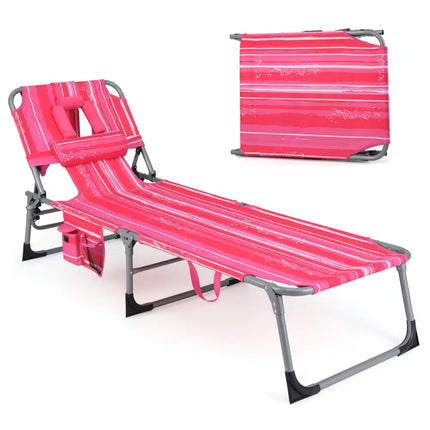Folding Beach Lounge Chair with Pillow for Outdoor-Pink and White - White & Pink - Outdoor Chaise Lounges