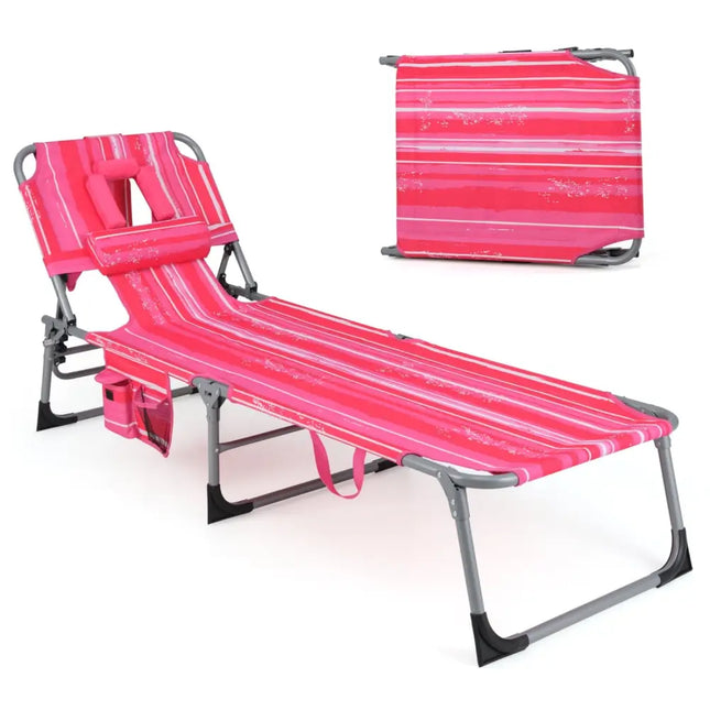 Folding Beach Lounge Chair with Pillow for Outdoor-Pink and White - White & Pink - Outdoor Chaise Lounges