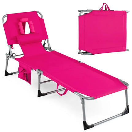 Folding Beach Lounge Chair with Pillow for Outdoor-Pink - Pink - Outdoor Chaise Lounges
