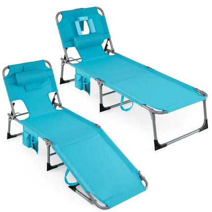 Folding Beach Lounge Chair with Pillow for Outdoor-Turquoise - Turquoise - Outdoor Chaise Lounges