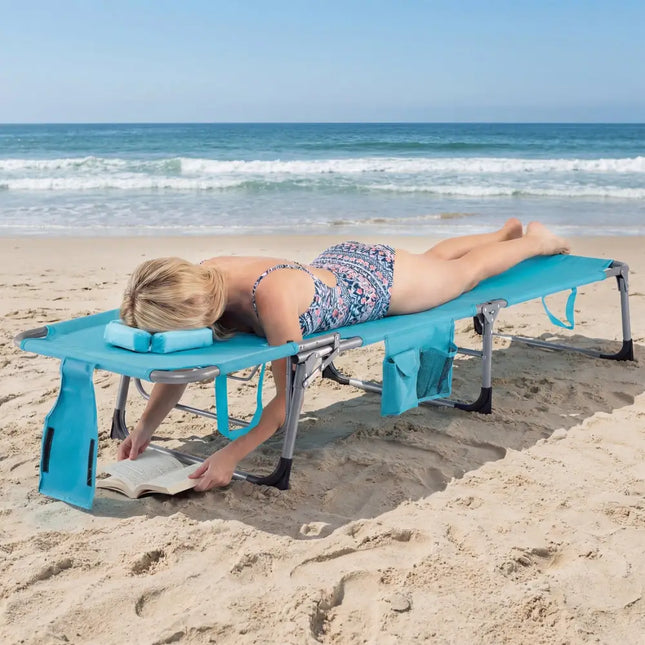 Folding Beach Lounge Chair with Pillow for Outdoor-Turquoise - Turquoise - Outdoor Chaise Lounges