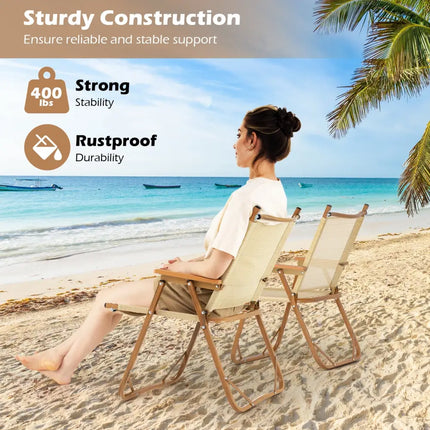 Folding Camp Chairs Set of 2 Lightweight Beach Chairs-Beige - Beige - Beach & Lawn Chairs