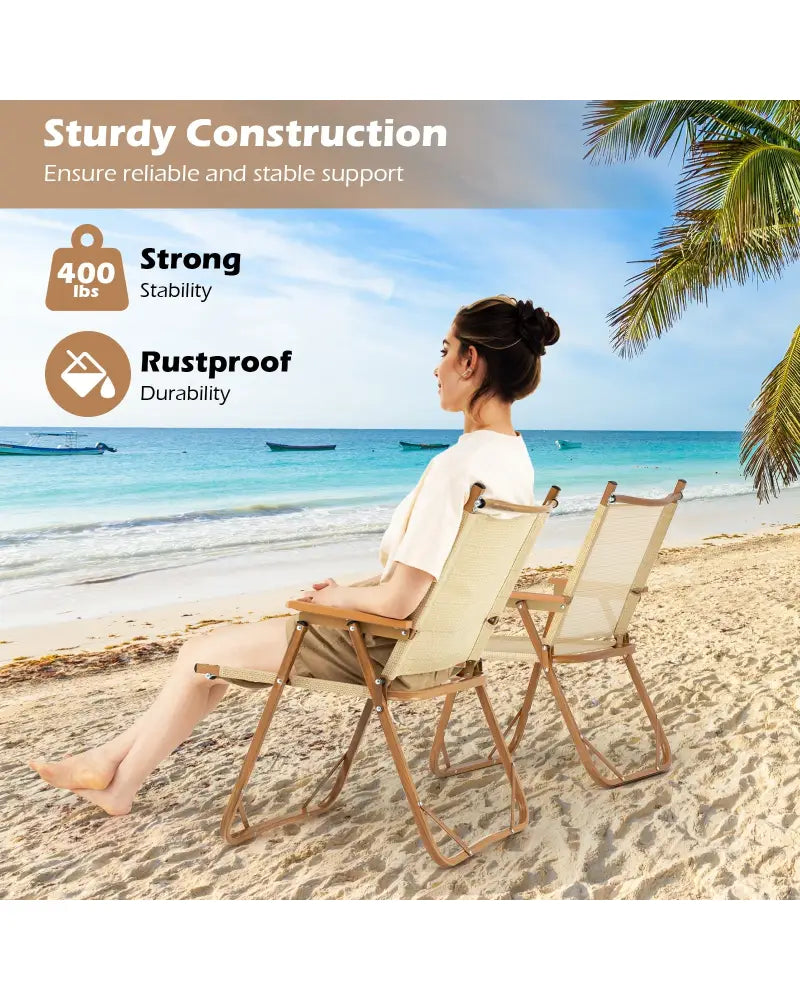 Folding Camp Chairs Set of 2 Lightweight Beach Chairs-Beige - Beige - Beach & Lawn Chairs