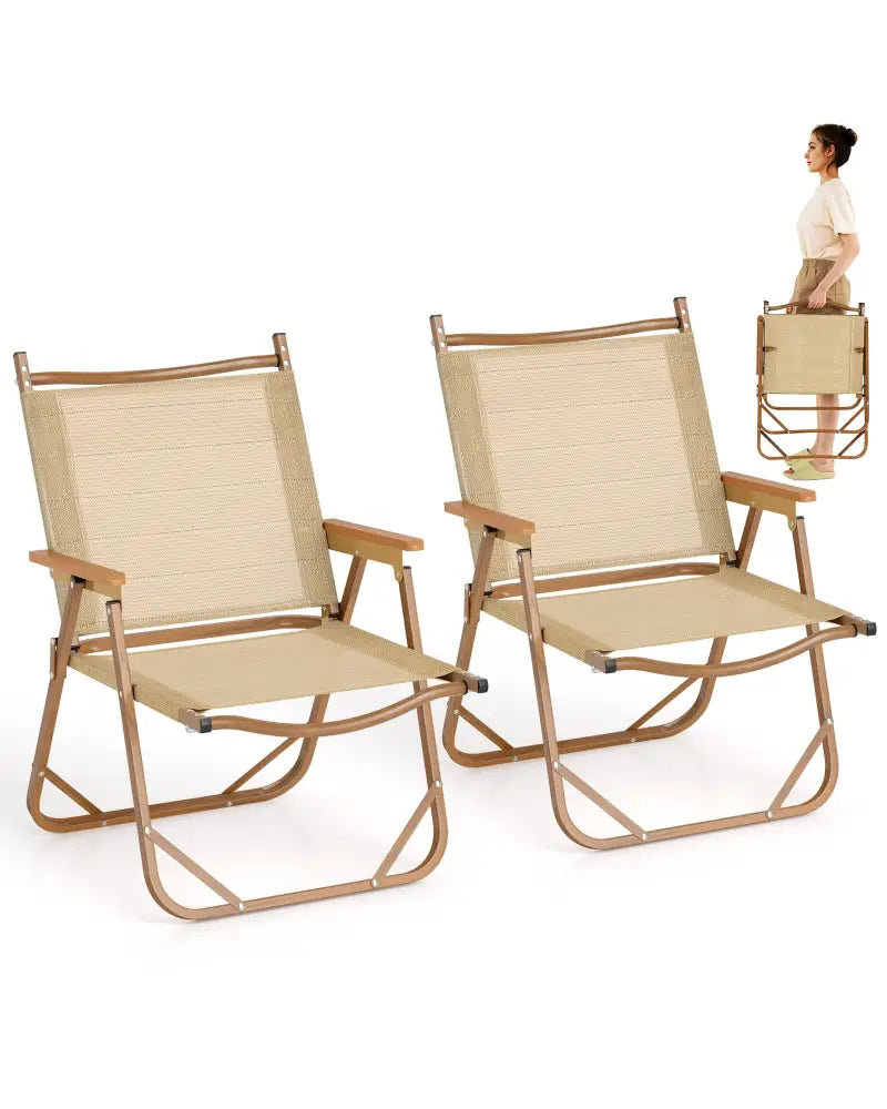 Folding Camp Chairs Set of 2 Lightweight Beach Chairs-Beige - Beige - Beach & Lawn Chairs