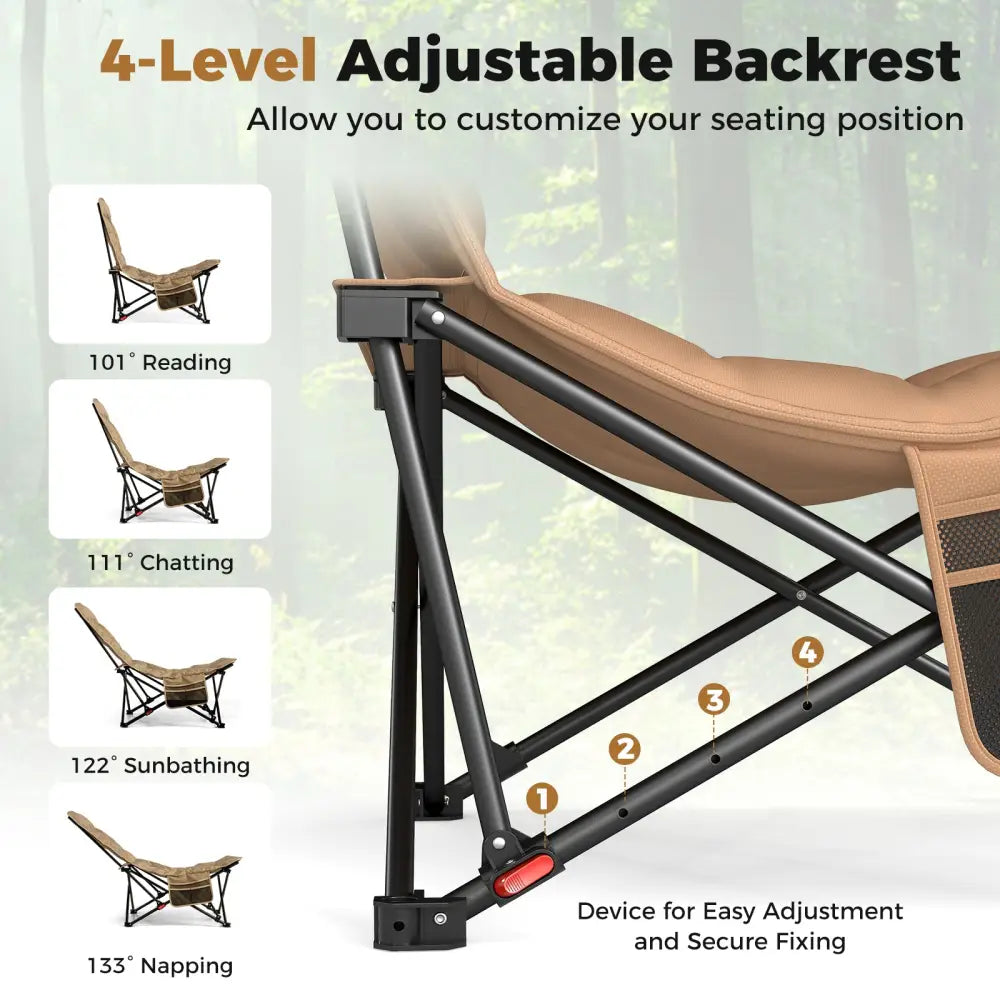 Folding Camping Chair for Adults with Adjustable Backrest and Carrying Bag-Khaki - Khaki - Camping Furniture