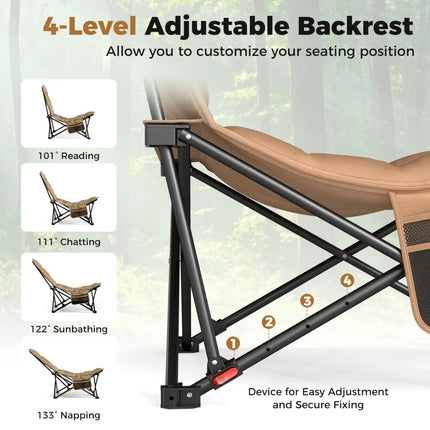 Folding Camping Chair for Adults with Adjustable Backrest and Carrying Bag-Khaki - Khaki - Camping Furniture