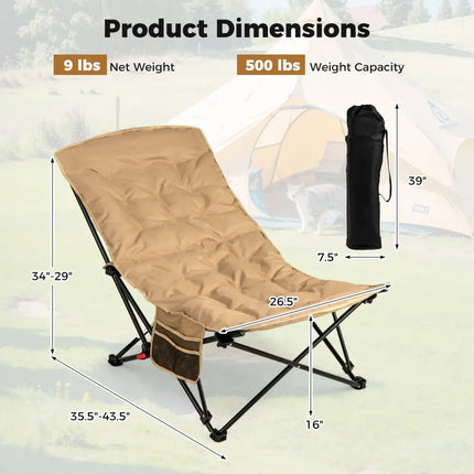 Folding Camping Chair for Adults with Adjustable Backrest and Carrying Bag-Khaki - Khaki - Camping Furniture