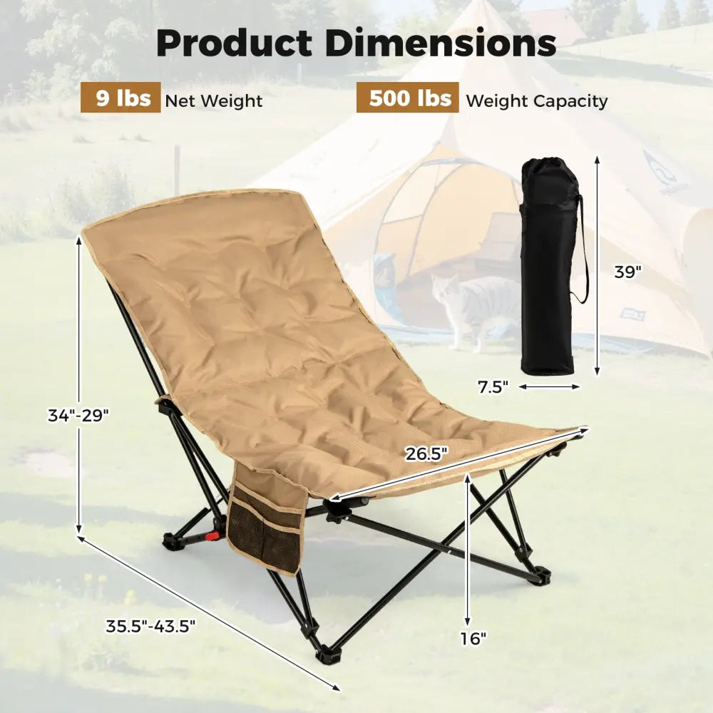 Folding Camping Chair for Adults with Adjustable Backrest and Carrying Bag-Khaki - Khaki - Camping Furniture