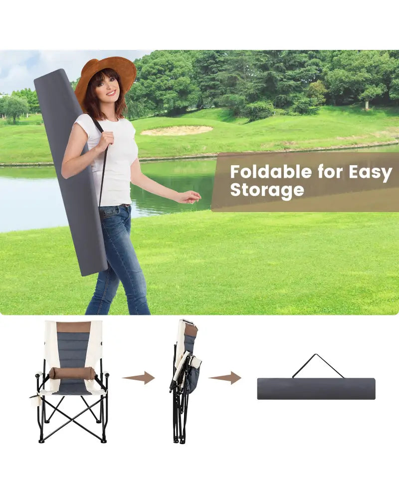 Folding Camping Chair with Cup Holder Armrest and Lumbar Pillow - Multicolor - Camping Furniture