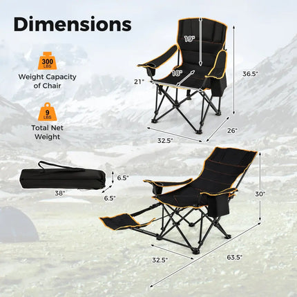 Folding Camping Chair with Footrest Camping Lounge Chair with Carry Bag-Black - Black - Camping Furniture