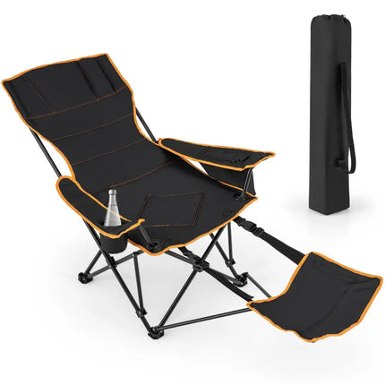 Folding Camping Chair with Footrest Camping Lounge Chair with Carry Bag-Black - Black - Camping Furniture