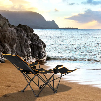 Folding Camping Chair with Footrest Camping Lounge Chair with Carry Bag-Black - Black - Camping Furniture