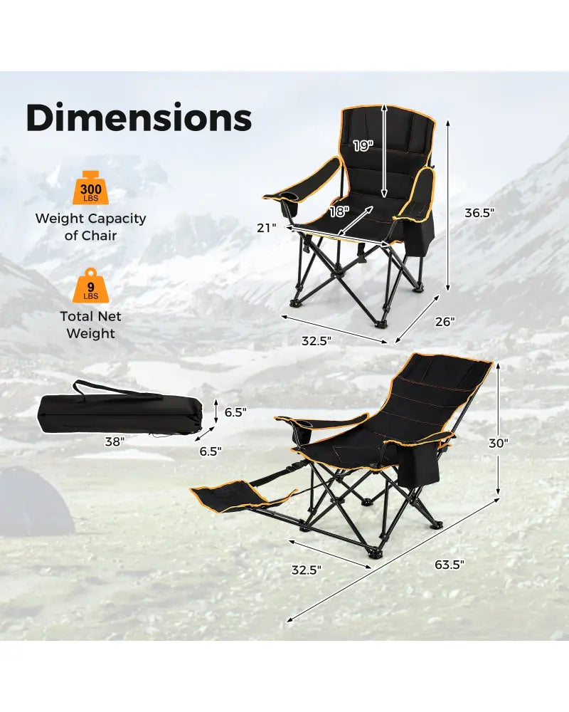 Folding Camping Chair with Footrest Camping Lounge Chair with Carry Bag-Black - Black - Camping Furniture