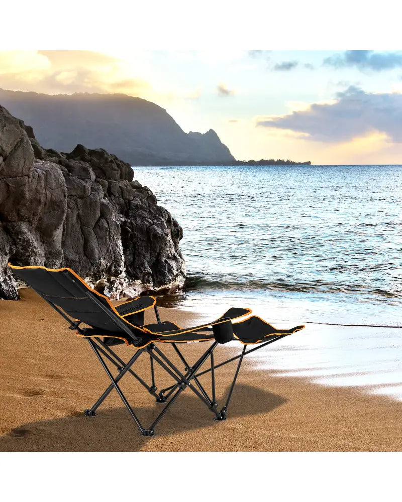 Folding Camping Chair with Footrest Camping Lounge Chair with Carry Bag-Black - Black - Camping Furniture