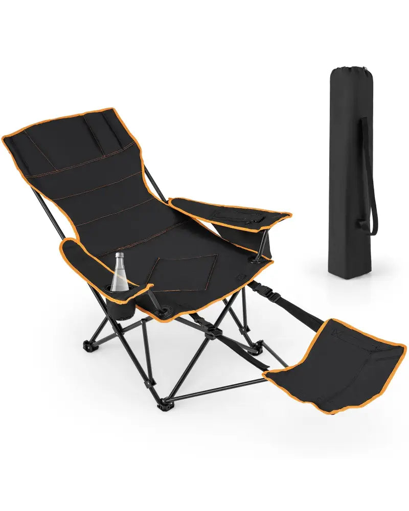 Folding Camping Chair with Footrest Camping Lounge Chair with Carry Bag-Black - Black - Camping Furniture