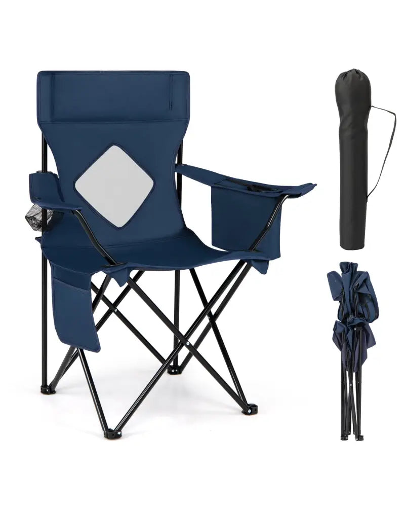 Folding Camping Chair with Mesh Fabric Backrest Solid Metal Frame and Carrying Bag-Blue - Blue - Camping Furniture