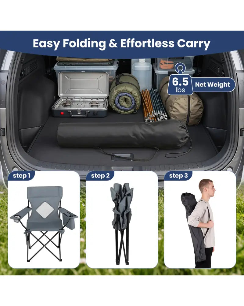 Folding Camping Chair with Mesh Fabric Backrest Solid Metal Frame and Carrying Bag-Gray - Gray - Camping Furniture