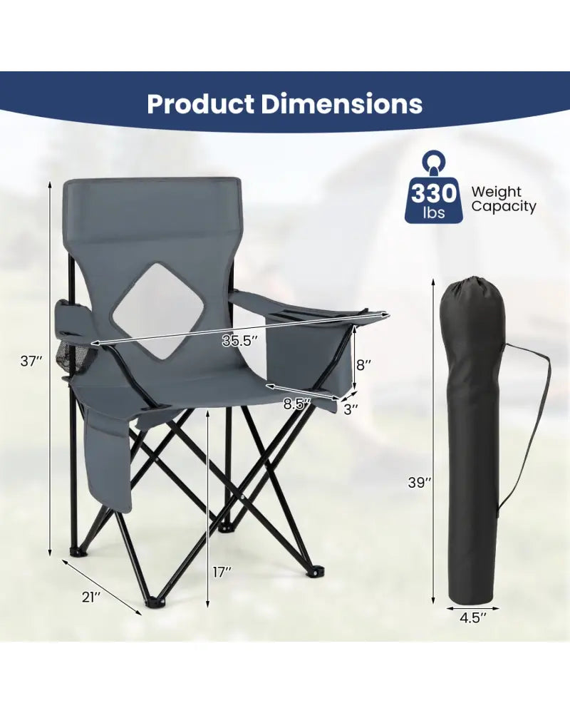 Folding Camping Chair with Mesh Fabric Backrest Solid Metal Frame and Carrying Bag-Gray - Gray - Camping Furniture