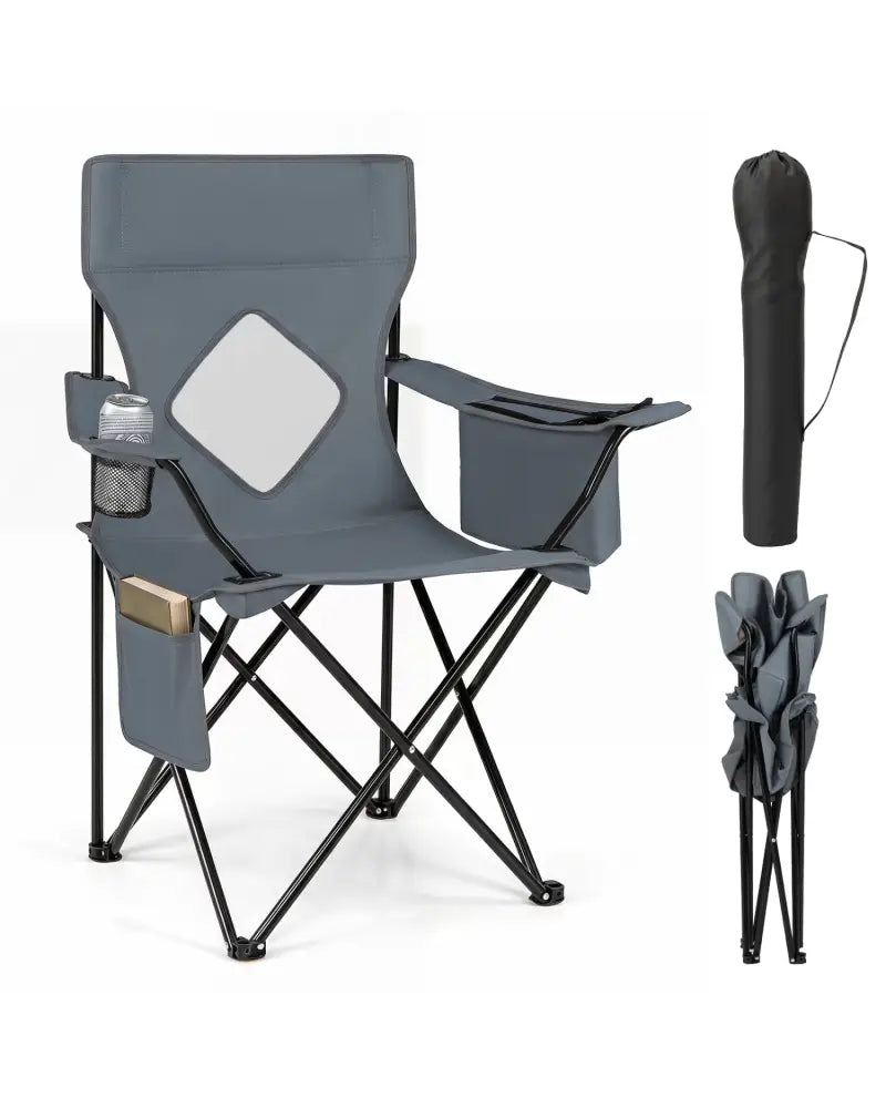 Folding Camping Chair with Mesh Fabric Backrest Solid Metal Frame and Carrying Bag-Gray - Gray - Camping Furniture