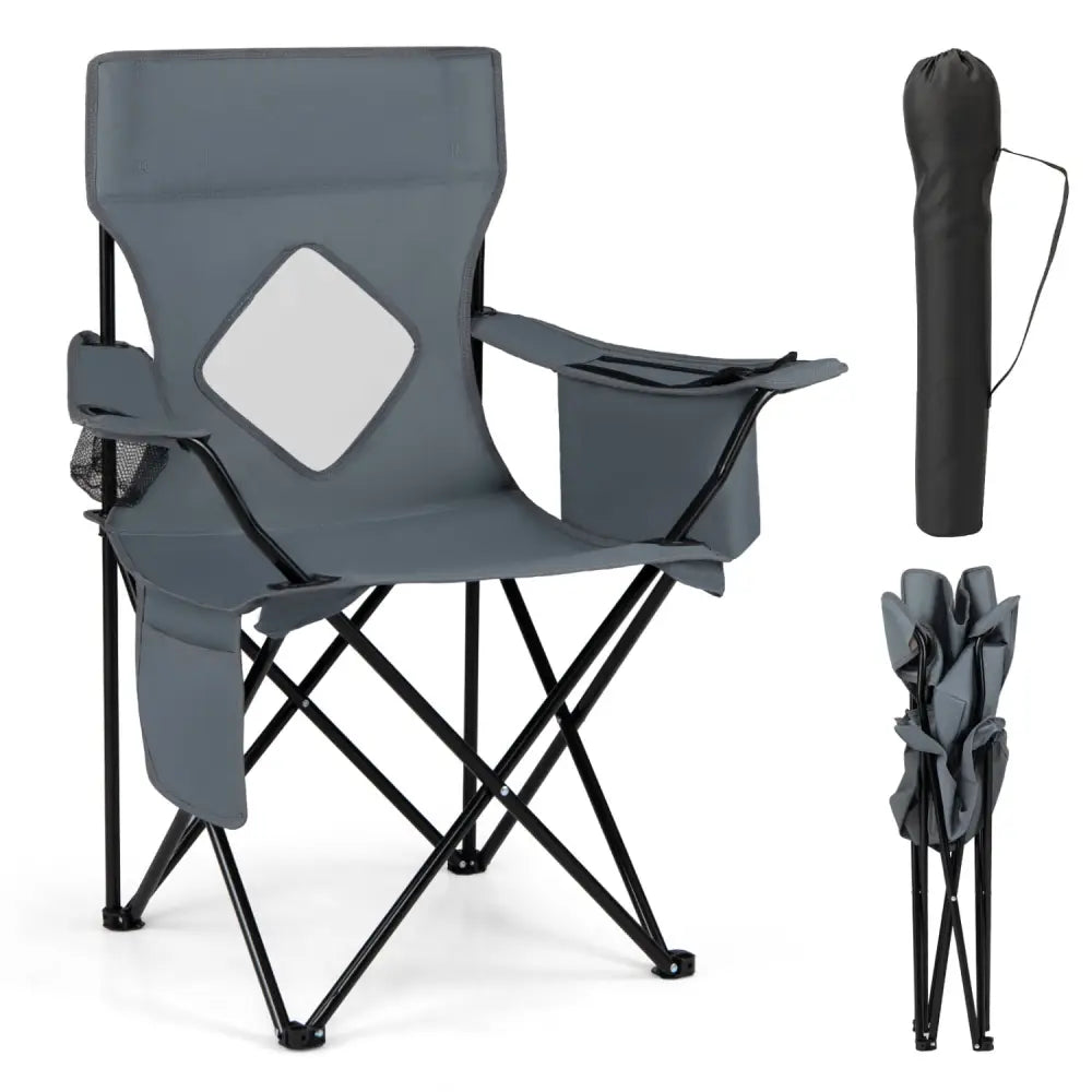 Folding Camping Chair with Mesh Fabric Backrest Solid Metal Frame and Carrying Bag-Gray - Gray - Camping Furniture