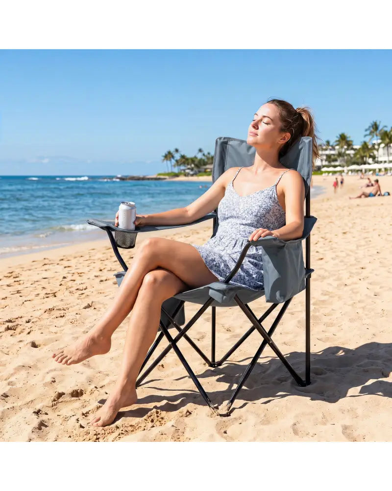 Folding Camping Chair with Mesh Fabric Backrest Solid Metal Frame and Carrying Bag-Gray - Gray - Camping Furniture
