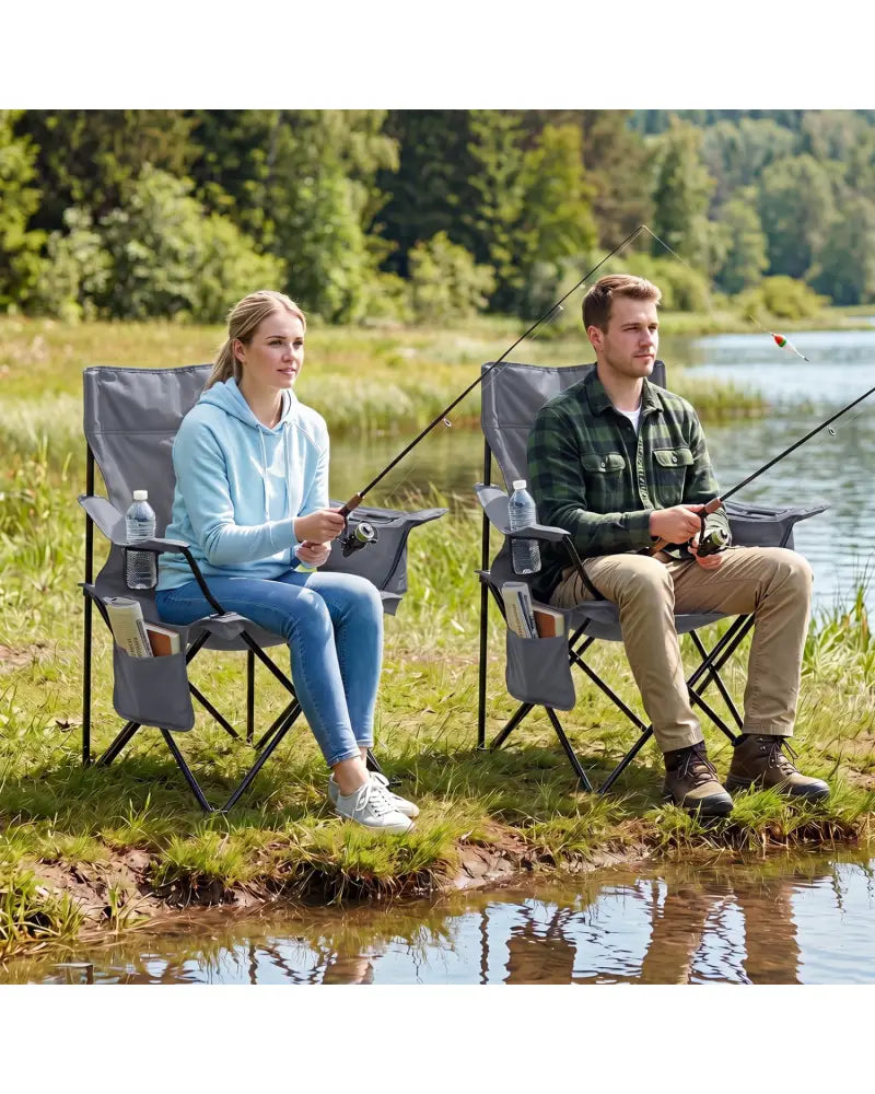Folding Camping Chair with Mesh Fabric Backrest Solid Metal Frame and Carrying Bag-Gray - Gray - Camping Furniture