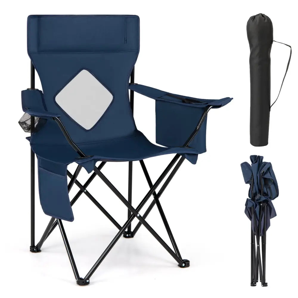Folding Camping Chair with Mesh Fabric Backrest Solid Metal Frame and Carrying Bag-Blue - Blue - Camping Furniture