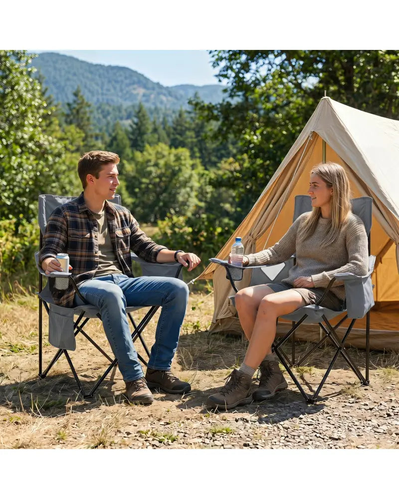 Folding Camping Chair with Mesh Fabric Backrest Solid Metal Frame and Carrying Bag-Gray - Gray - Camping Furniture