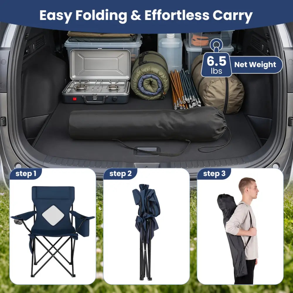 Folding Camping Chair with Mesh Fabric Backrest Solid Metal Frame and Carrying Bag-Blue - Blue - Camping Furniture