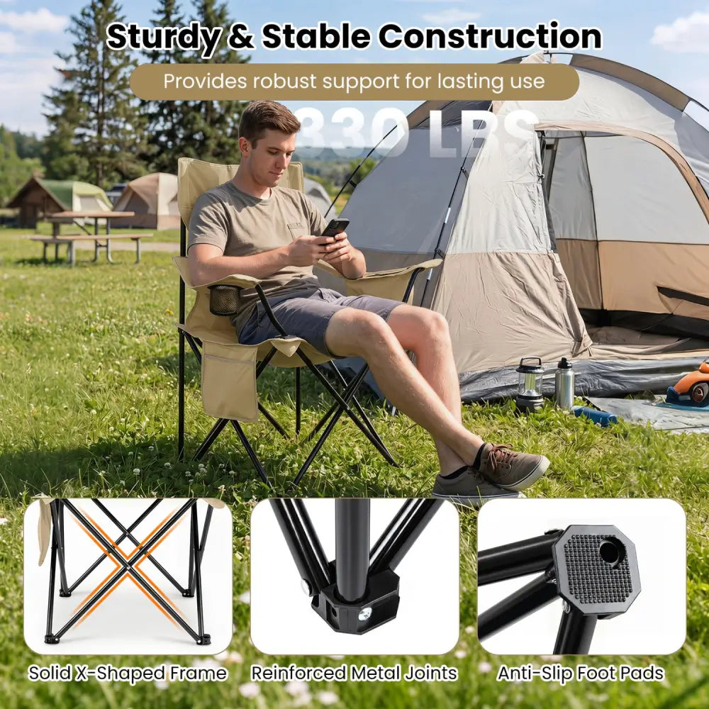 Folding Camping Chair with Mesh Fabric Backrest Solid Metal Frame and Carrying Bag-Green - Green - Camping Furniture