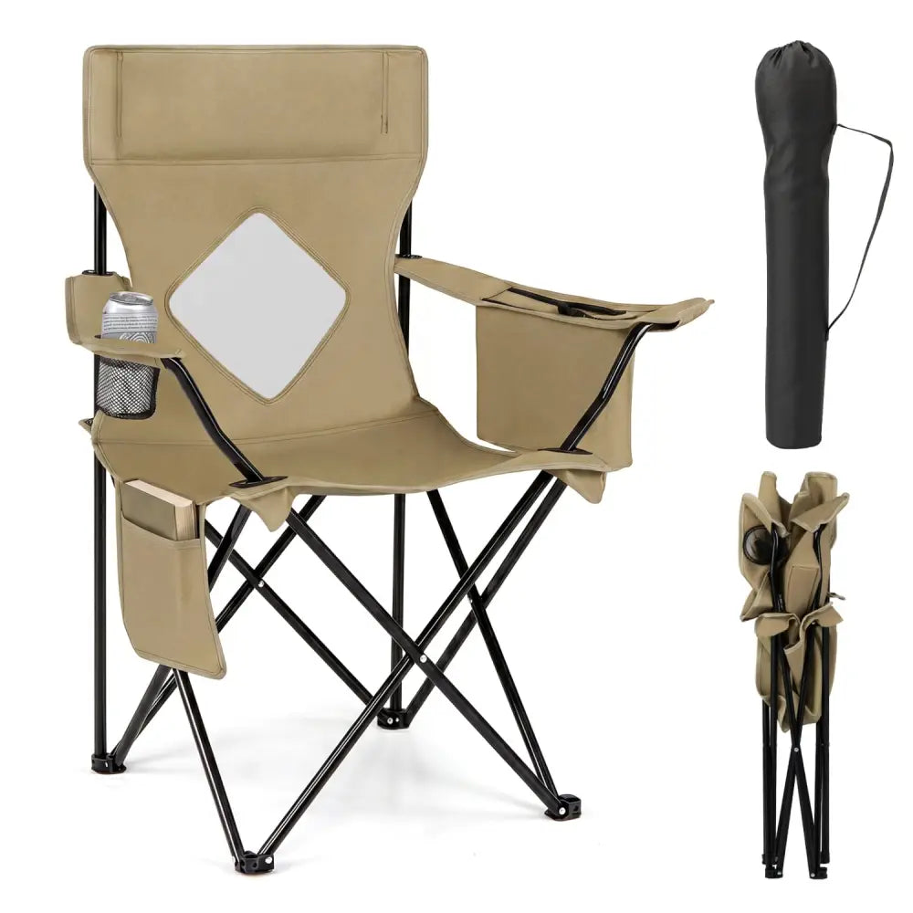 Folding Camping Chair with Mesh Fabric Backrest Solid Metal Frame and Carrying Bag-Green - Green - Camping Furniture