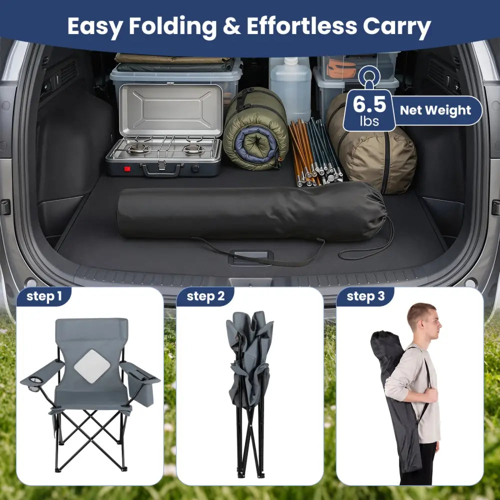 Folding Camping Chair with Mesh Fabric Backrest Solid Metal Frame and Carrying Bag-Gray - Gray - Camping Furniture