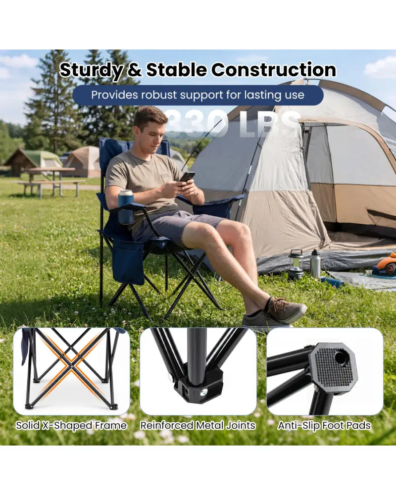 Folding Camping Chair with Mesh Fabric Backrest Solid Metal Frame and Carrying Bag-Blue - Blue - Camping Furniture