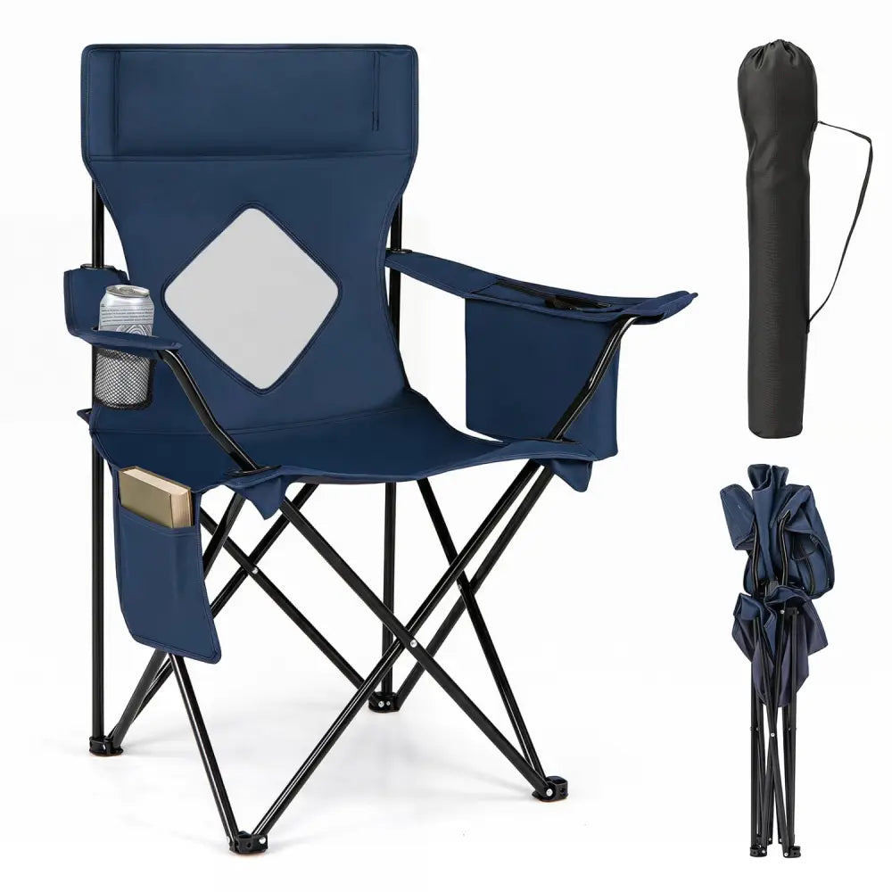 Folding Camping Chair with Mesh Fabric Backrest Solid Metal Frame and Carrying Bag-Blue - Blue - Camping Furniture