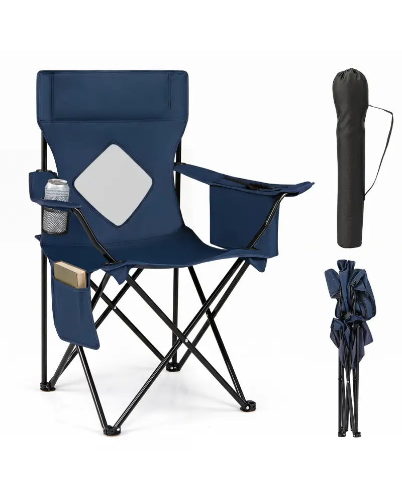 Folding Camping Chair with Mesh Fabric Backrest Solid Metal Frame and Carrying Bag-Blue - Blue - Camping Furniture