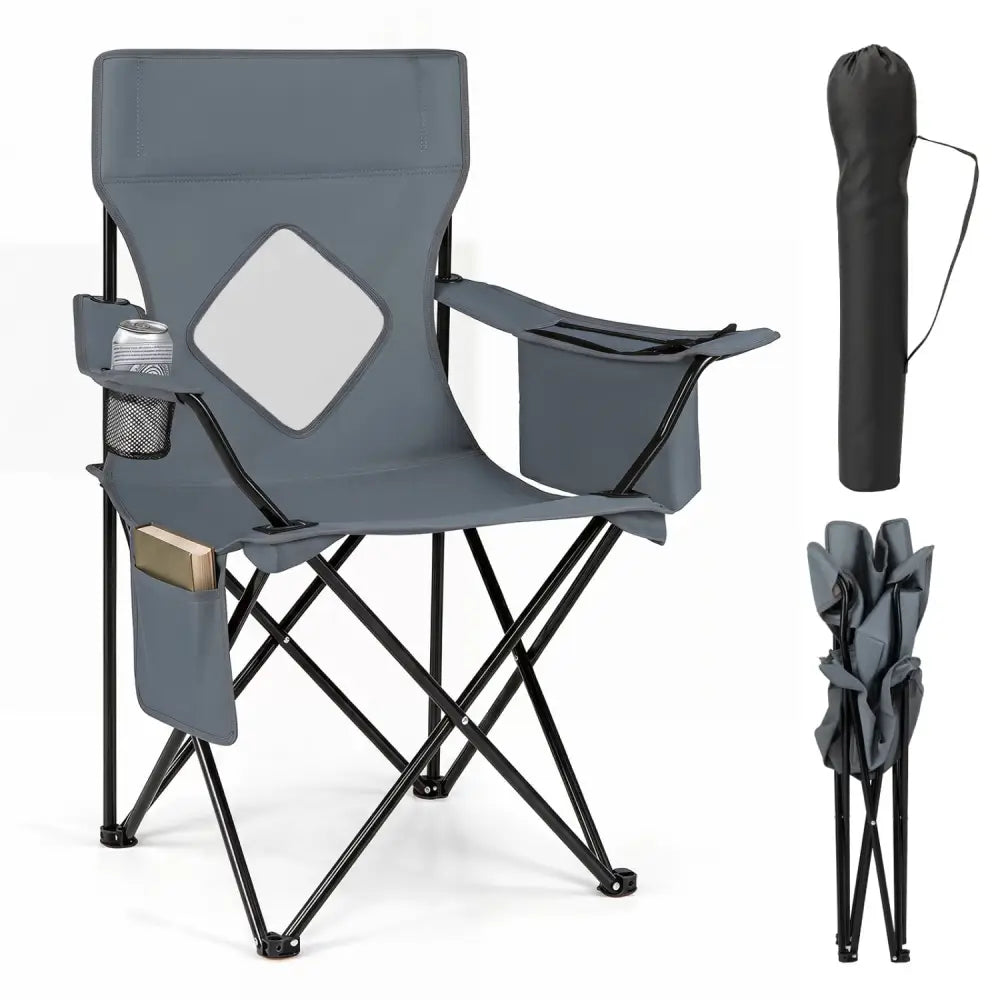 Folding Camping Chair with Mesh Fabric Backrest Solid Metal Frame and Carrying Bag-Gray - Gray - Camping Furniture