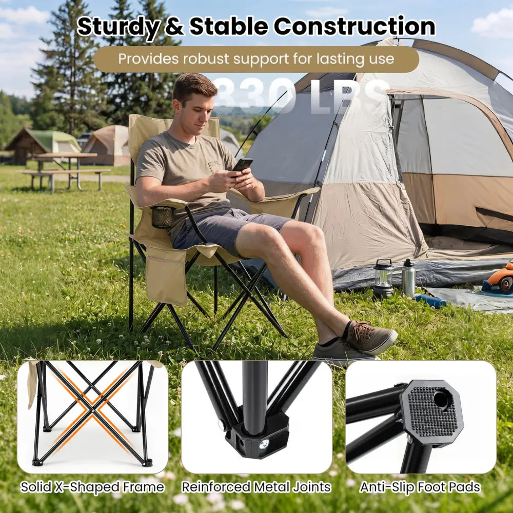 Folding Camping Chair with Mesh Fabric Backrest Solid Metal Frame and Carrying Bag-Green - Green - Camping Furniture