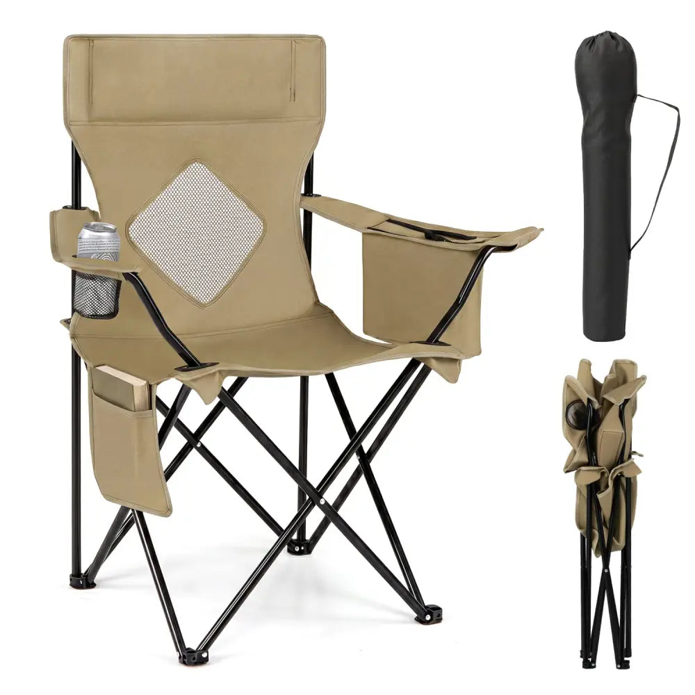 Folding Camping Chair with Mesh Fabric Backrest Solid Metal Frame and Carrying Bag-Green - Green - Camping Furniture