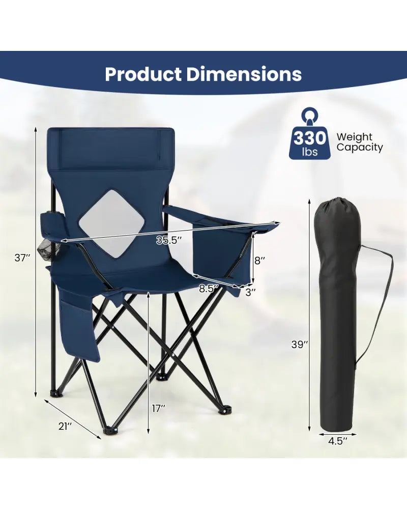 Folding Camping Chair with Mesh Fabric Backrest Solid Metal Frame and Carrying Bag-Blue - Blue - Camping Furniture