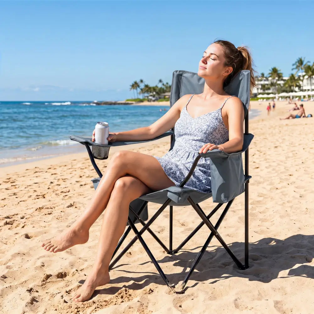 Folding Camping Chair with Mesh Fabric Backrest Solid Metal Frame and Carrying Bag-Gray - Gray - Camping Furniture