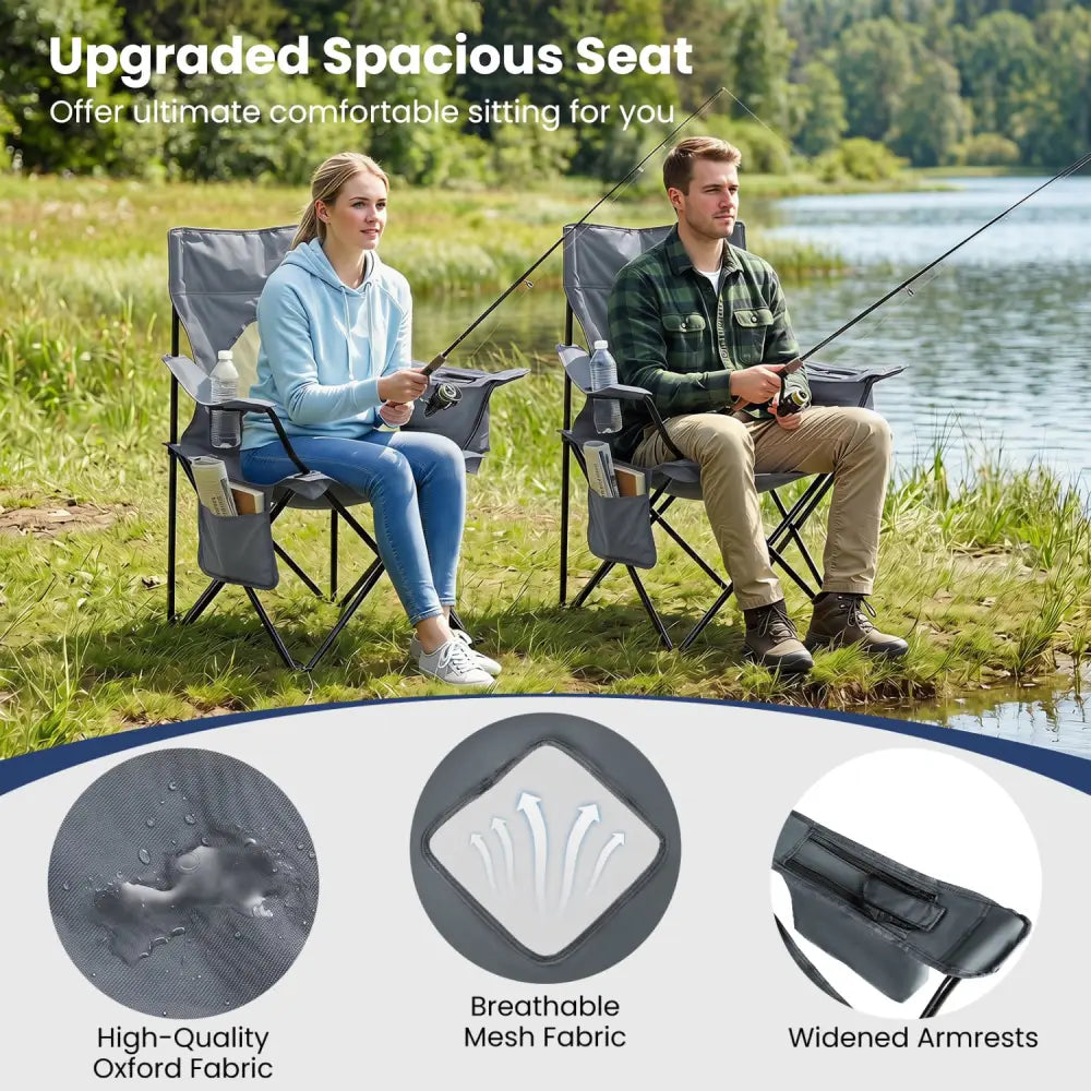 Folding Camping Chair with Mesh Fabric Backrest Solid Metal Frame and Carrying Bag-Gray - Gray - Camping Furniture