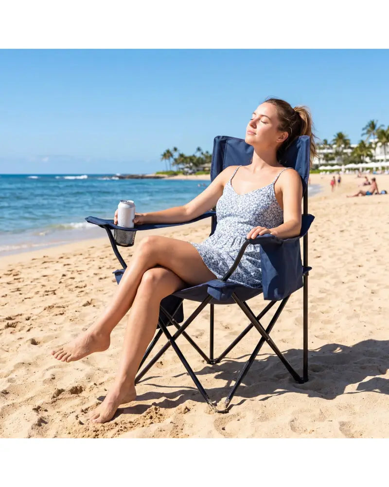Folding Camping Chair with Mesh Fabric Backrest Solid Metal Frame and Carrying Bag-Blue - Blue - Camping Furniture