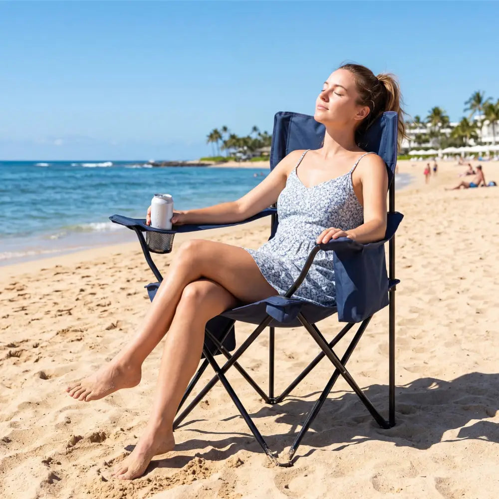 Folding Camping Chair with Mesh Fabric Backrest Solid Metal Frame and Carrying Bag-Blue - Blue - Camping Furniture