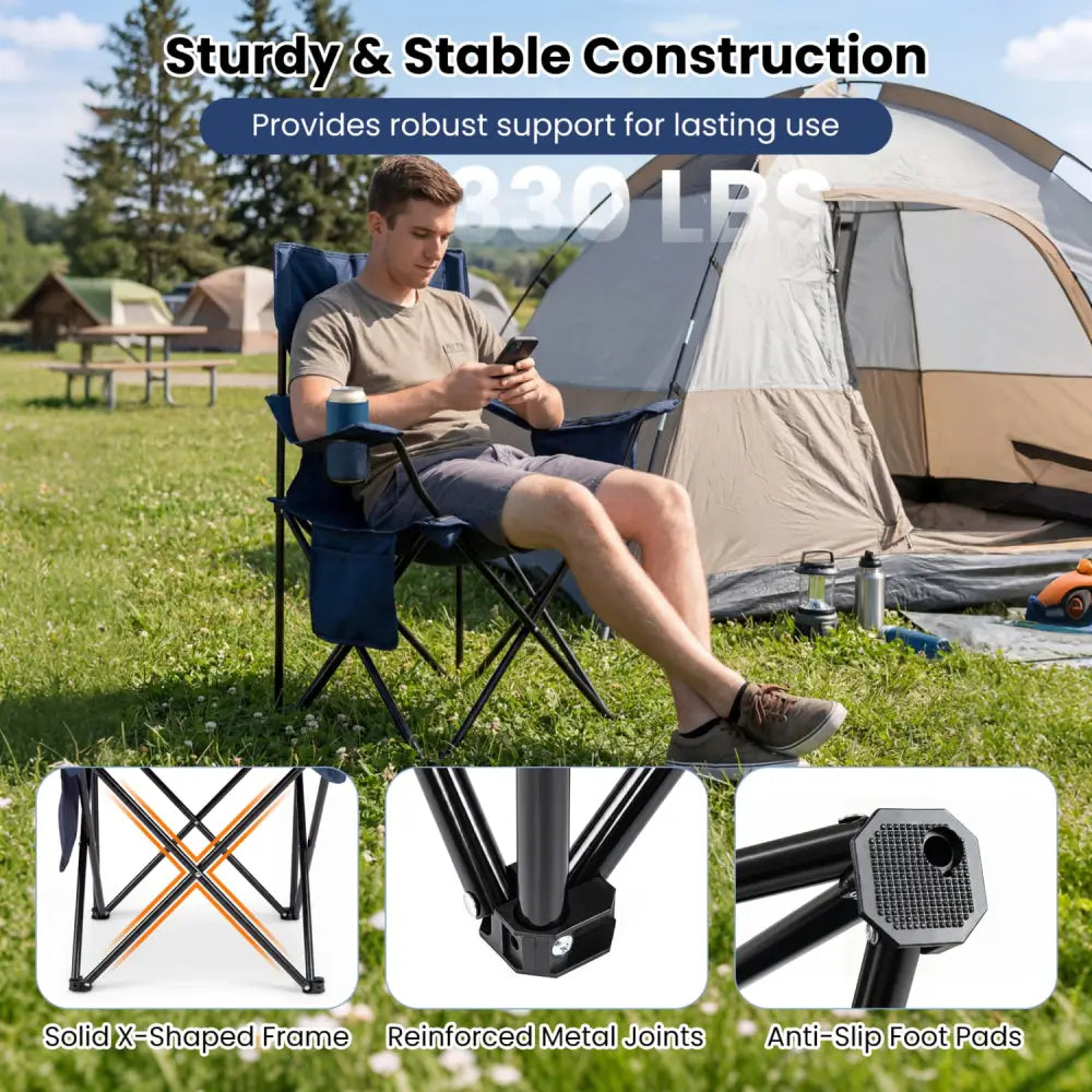 Folding Camping Chair with Mesh Fabric Backrest Solid Metal Frame and Carrying Bag-Blue - Blue - Camping Furniture