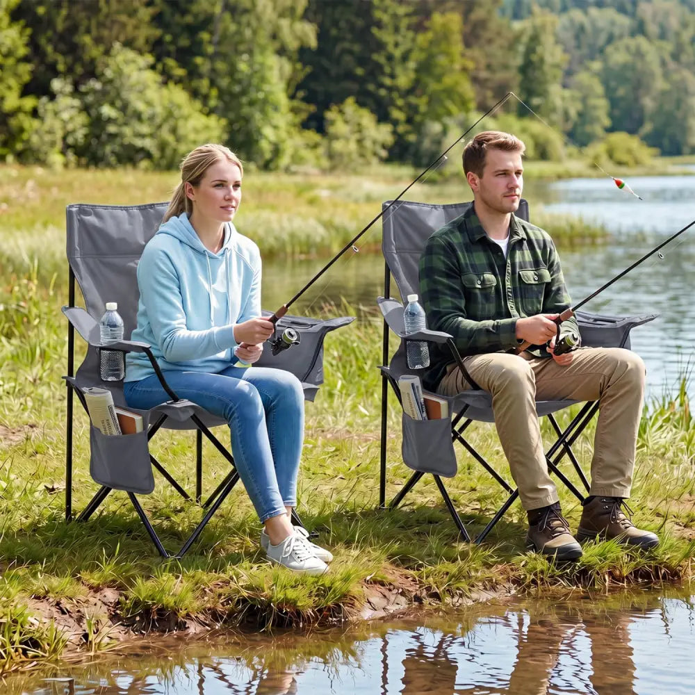 Folding Camping Chair with Mesh Fabric Backrest Solid Metal Frame and Carrying Bag-Gray - Gray - Camping Furniture