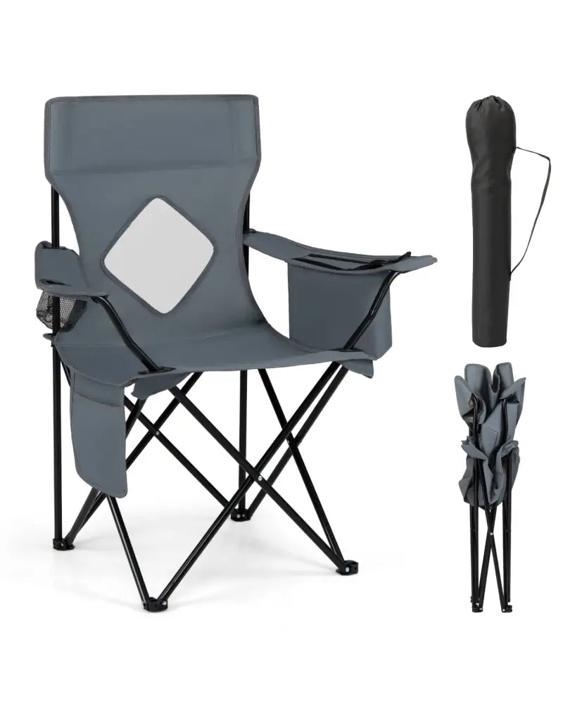 Folding Camping Chair with Mesh Fabric Backrest Solid Metal Frame and Carrying Bag-Gray - Gray - Camping Furniture