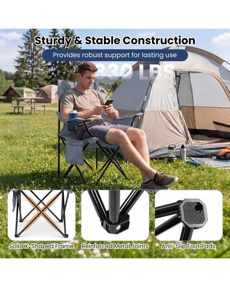Folding Camping Chair with Mesh Fabric Backrest Solid Metal Frame and Carrying Bag-Gray - Gray - Camping Furniture