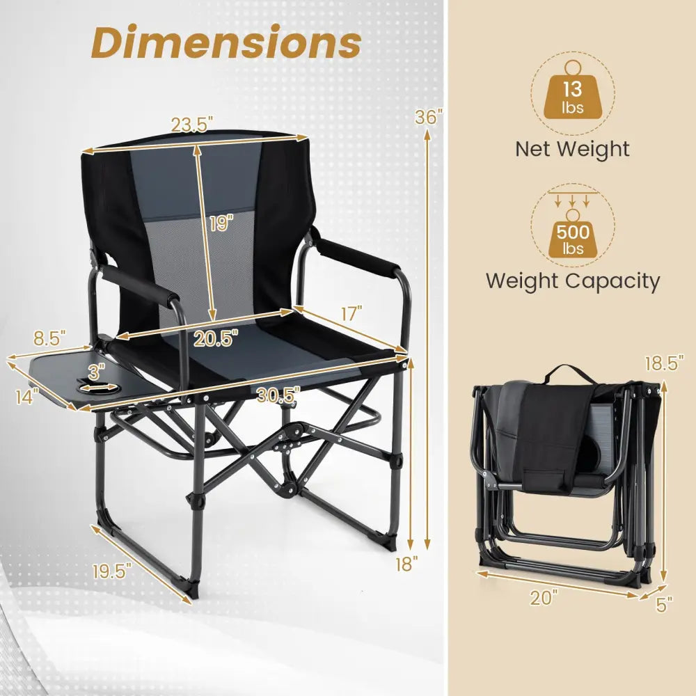 Folding Camping Chair with Side Table and Cup Holder with Carrying Bag-Black & Gray - Black & Gray - Camping Furniture