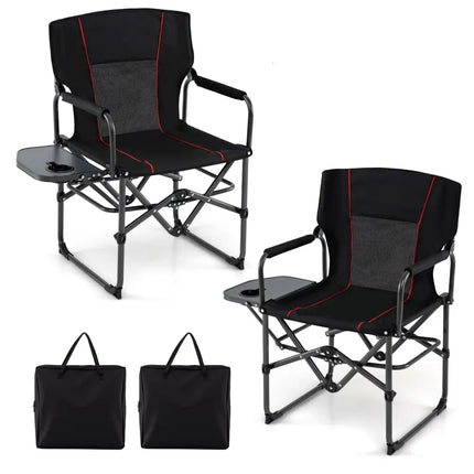 Folding Camping Chair with Side Table and Cup Holder with Carrying Bag-Black - Black - Camping Furniture